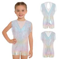 Kids Sequin Tassel Metallic Stage Bodysuit Sleeveless Keyhole Back Mesh Patchwork Jumpsuit for Dance Competition Costume 5-6 Years white