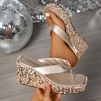 Fashion Women's Flip Flops Fashion Platform Sandals 2025 Summer New Wedge Sandals Luxury Sequins Slippers for Women Sandalias De Mujer 35 brown