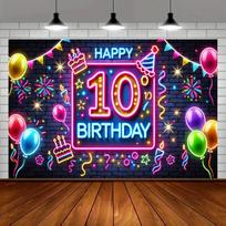 A 10th birthday party banner, vibrant neon design, multi-purpose celebration decoration, studio background 118×59inch/300*150cm