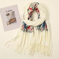 Siuvinėti kašmyro šalikai Moterims Žiemos Gėlėtas Pashmina Moterims Šilta Žiemos Skara Kutai Vintažiniai Šalikai Moterims beige