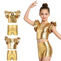 Girls Metallic Stage Outfit Ruffle Sleeve Keyhole Back Crop Top and High Waist Shorts for Dance Recital Show 13-14 Years beige