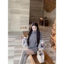 Women's Elegant High Neck Cross-Stitch Knit Cardigan with Fur Sleeves - Autumn Winter Lapel Sweater One Size gray