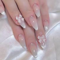 24pcs Pink Almond French Press On Nails 3D Bow Knot Flower Pearl Ballet Nail Art Tips gray