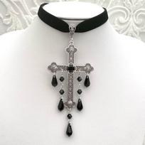 Red Color Choker Necklace Large Cross Pendant Vintage Choker Velvet Choker  Gift juoda