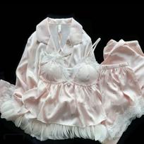 Moterų vasaros ledo šilko camisole pižamos komplektas su krūtinės pagalvėlėmis - 4 dalių ilgomis rankovėmis namų drabužiai Medium white