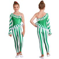 Children’s One Piece Stage Wear Ruffle Pom Pom Bodysuit Sequin Top Long Sleeve Stripe Pants for Performance 13-14 Years beige