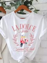 La Dolce Vita Print Women's Crew Neck T-Shirt Casual Short Sleeve Letter Print Spring Summer Top Tee T Shirt Women Clothing 4XL gray