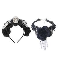 Lightweight Skull Headpiece with Choker Set Simulation Flowers Costume Headwear For Adults Kids Halloween Accessories 7 black