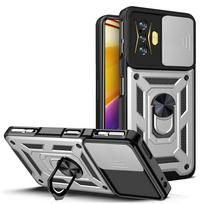 Dėklas Xiaomi Poco F4 GT, Dangtelis Poco F4 GT, Magnetinis žiedas-laikiklis Poco F4 GT, Šarvuotas telefono dėklas, Slenkantis kameros apsaugos galinis dangtelis Poco F4 GT gray