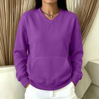 Women's V-Neck Sweatshirt with Pockets - Comfortable Casual Pullover Top L violetinė
