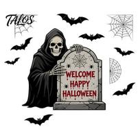 Removable Tombstone Wall Art Halloween Grim Reaper Decals, Scary Tombstones Bats Spider Web Vinyl Holiday Party Decorations Sticker, Peel And A gray