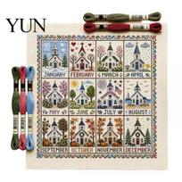 Retro Country House Stitching Pattern 12-Month Cross Stitch Kit, DIY Four Seasons Embroidery Seasonal Easy for Novice Stamped Craft Set Beginners, B