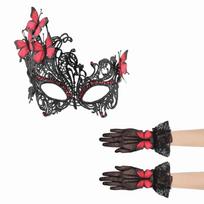 Lace Rhinestone Butterfly Prom Mask+ Gloves Vintage Elegant Half Face Mask Set Sexy Halloween Lace Masquerade Masks raudona