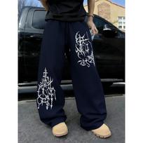 Men's Cool Totem Printed Casual Running Pants Loose Straight Leg Pleated Sports Pants High Street Retro Personalized Design Casual Pants XL black