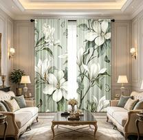 2PCS Digital Printed Curtains, Matcha Green Magnolia Elegant Floral, Window Treatments for Living Room Bedroom Home Decoration 60x150cmx2&Rod pocket &2 panels white