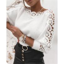 Knitted Sweater Temperament, One-word Collar, Lace Stitching Sleeves, Women's Solid Color Blouse, Hollow M balta