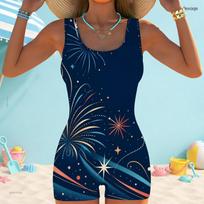 Women Plus Size Navy Blue Star Printed One Piece Swimsuit Square Neck Wide Straps Sleeveless Boyshort Swimwear 4XL blue