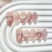 Pure‑Handmade Press‑On Nails Hand‑Drawn Cat‑Eye Cute‑Cartoon Premium Mid‑Length False Nail Stickers L beige