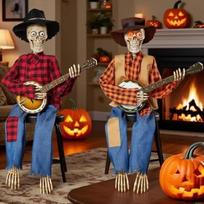 Animuoti languoti skeletai Muzikantai Helovino dekoracijos su LED šviesa Country Dueling Banjo Player vakarėlio dekoracija brown