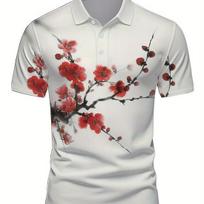 Japoniškų vyšnių žiedų rašto polo marškinėliai vyrams ir moterims 3D spausdinimo marškinėliai Harajuku gatvės stiliaus trumpomis rankovėmis su apykakle Polo viršūnės XL pilka spalva