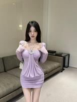 Pure desire sexy sweet royal sister tube top one-word shoulder dress women's summer tight waist hip short skirt L violetinė