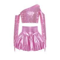 Girls Metallic Stage Outfit: Cold Shoulder Long Sleeve with Tassel & One Shoulder Crop Top + Bubble Skirt for Party Performance 11-12 Years