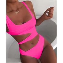 Solid Color Hollow Out One Piece Swimsuit For Women Swimming L rožinė