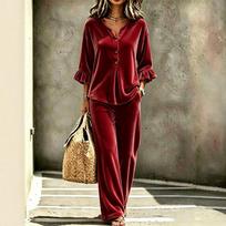 Women's Casual Color Velvet Set with Button Front V-Neck 3/4 Sleeve Top and Long Pants XXL raudona