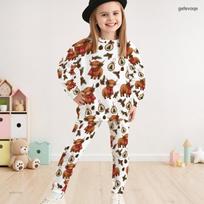 Girls Crew Neck Long Sleeve Christmas Mushroom Print White Two Piece Set 160 brown