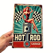 DORA Skardinis ženklas Vintažinis Hot Rod Garažas Metalo ženklas Retro Sienų menas su Klasikiniu automobiliu Šachmatinės vėliavos Patvarus geležies Turkuazinis Dekoravimas Garažui 20X30CM blue