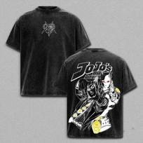 Kira Yoshikage Print T-shirt Anime JoJo's Bizarre Adventure Clothing Men Women Tshirts Retro Washed T Shirt Harajuku Cotton Tops 2XL black
