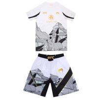 UFC Training Set Men Women Boxing Muay Thai Kickboxing Gym Workout Compression Short Sleeve Top Shorts XXXXL white