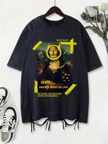 A Different Mona Lisa Poster Printing Washed T-Shirt Women Cotton T Shirts O-Neck Oversized Acid Wash Tops Casual Woman Clothes L black