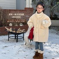Big Kid Girls Fur Integrated Mid Length Warm Winter Coat Outerwear 170cm beige