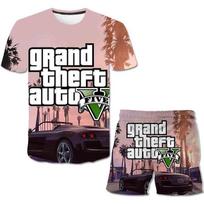 Summer Children Game GTA 5 Clothes Sports Clothes For Baby Girl Boy Tshirts 2 Piece Set Kids Baby Children 1-14 Years Clothing L gray
