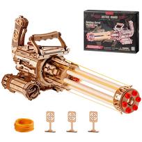 ROBOTIME Wooden 3D Gatling Rubber Band Gun Puzzle Kit, Electric Rapid Fire beige