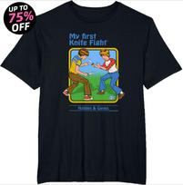Steven Rhodes My First Knife Fight Retro Dark Humor T-Shirt Nostalgia Scary Alien Supernatural Graphic Tee XL įvairiaspalvis