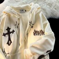 Women's Retro Oversize Hoodie Sweatshirt Casual Outerwear Spring Autumn Coat Fun Print Couple's Loose Fit Cardigan XL abrikosas