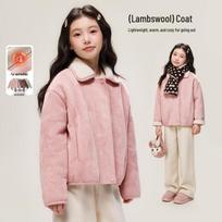 Girls' Faux Suede Sherpa-Lined Winter Jacket 130 rožinė
