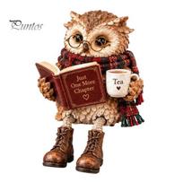 Išmani pelėdos statulėlė skaitymui bibliotekoje, Statulėlė su atversta knyga, akiniais, šaliku ir batais, Išminties mokytojo dovana, Skulptūra, Namų dekoras, kampelis C brown
