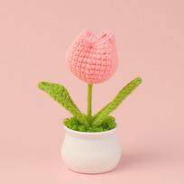 Fashion Tulip Crochet Flowers Pots DIY Craft Handmade Woven Flower Potted  Office Dark Pink-1-head pink