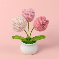 Fashion Tulip Crochet Flowers Pots DIY Craft Handmade Woven Flower Potted  Office Pink-3-heads