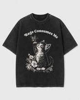 Rage Consumes Me Acid Wash Black T-Shirt Funny Cat Kitten Tee L black