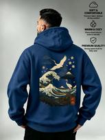 Men'S Sweatshirt Kanagawa Surfing Inside Immortal Crane Cherry Blossom Mt. Fuji Japanese Ukiyo-E Double-Sided Print Western Japane XXXL gray