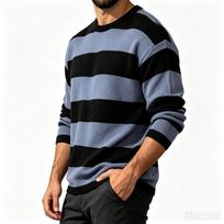 Men's Crewneck Color Block Striped Sweater, Loose Fit Wool Knit Pullover for Fall Winter M dangaus mėlyna spalva