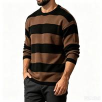 Men's Crewneck Color Block Striped Sweater, Loose Fit Wool Knit Pullover for Fall Winter M kava