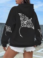 Polynesian Tribal Manta Ray Hoodie Winter Warm Fleece Back Sleeve Print Pullover Sweatshirt for Women XXL white