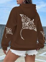 Polynesian Tribal Manta Ray Hoodie Winter Warm Fleece Back Sleeve Print Pullover Sweatshirt for Women XXL white
