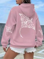Polynesian Tribal Manta Ray Hoodie Winter Warm Fleece Back Sleeve Print Pullover Sweatshirt for Women XXXL gray