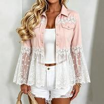 Lace mesh stitching horn sleeve denim jacket 3XL gray